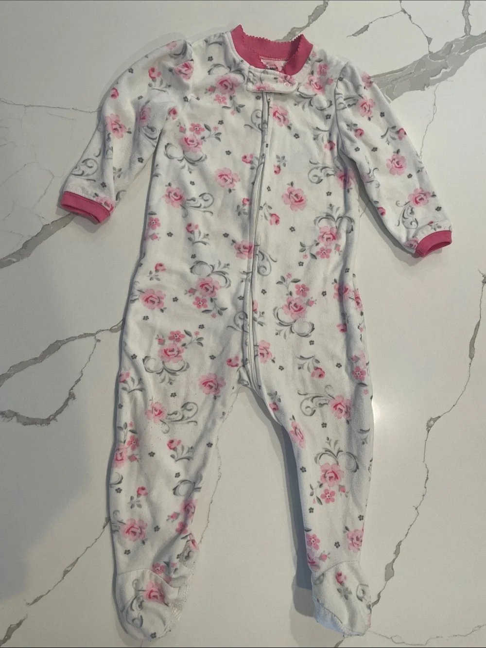 Carter's Dusty Pink Hooded Plush Top and Little Me White Floral Zip Footie
